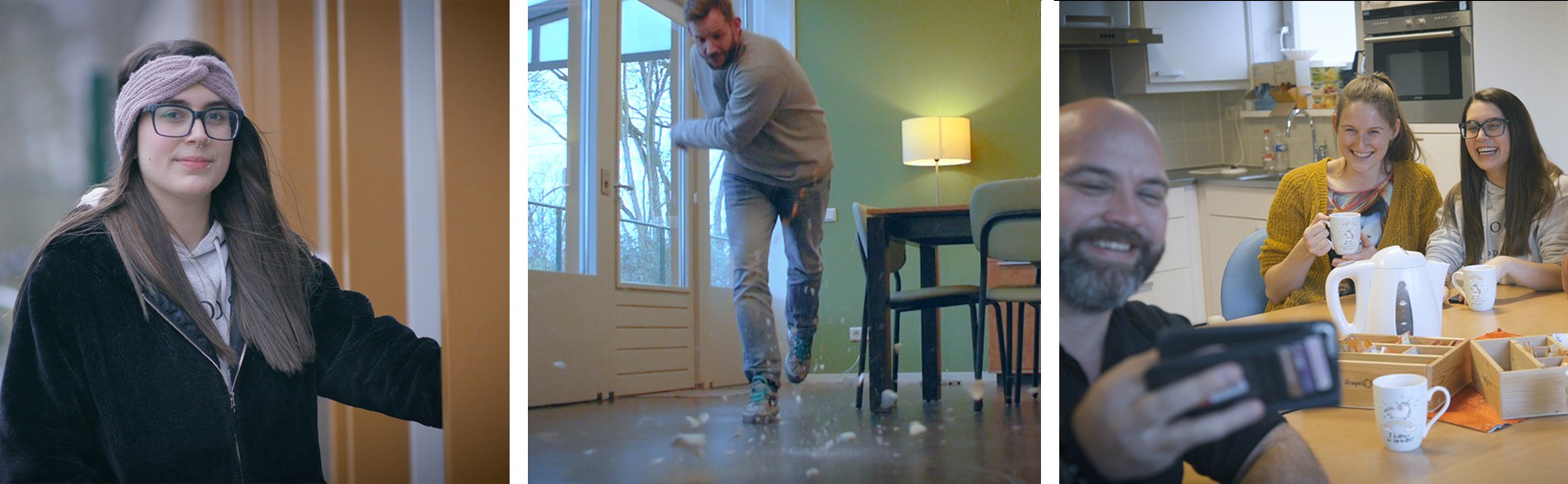 Sfeerbeelden van de wervingscampagne voor Tragel, kopje koffie op de grond, collega's